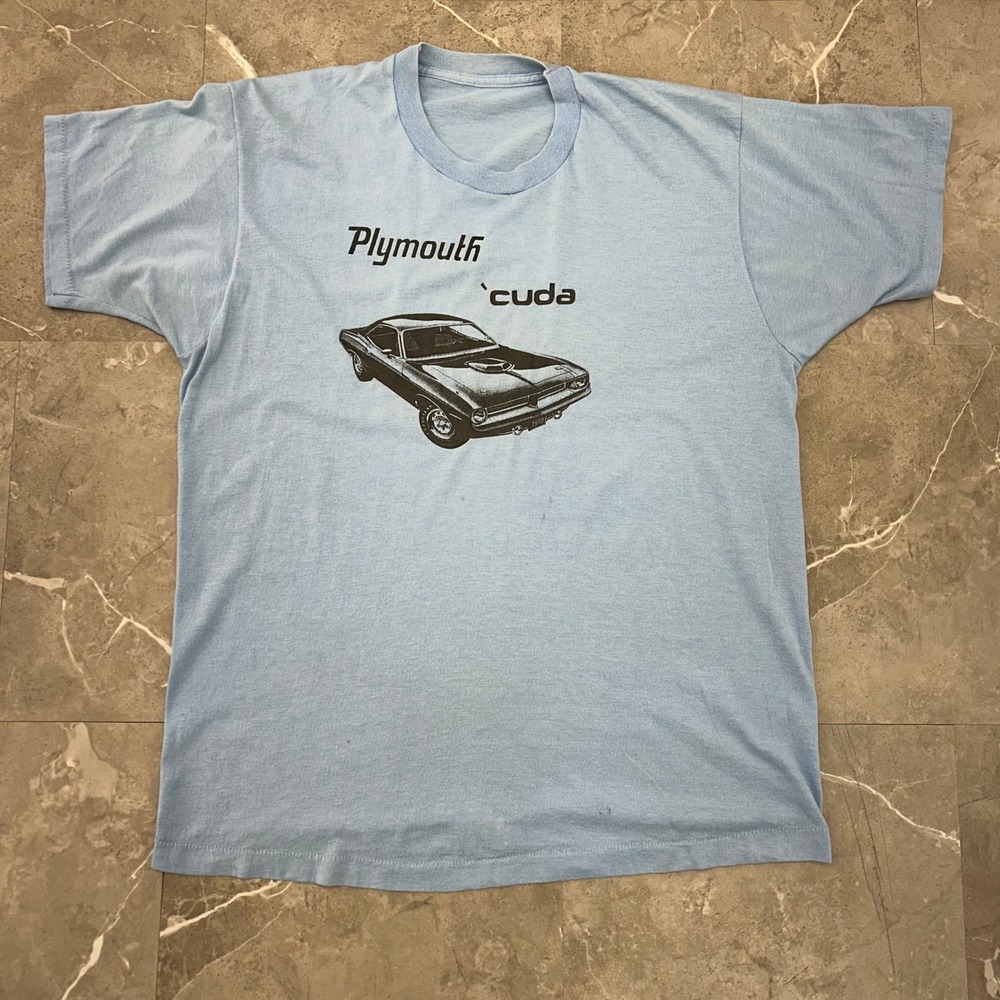 70s Vintage Plymouth Cuda Graphic Tee Mens Medium Short Sleeve Shirt Blue